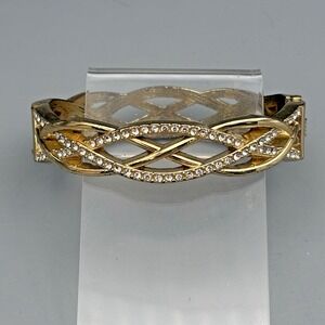 Vintage Anne Klein Hinged Bangle Bracelet Gold Tone Rhinestones Lattice Woven